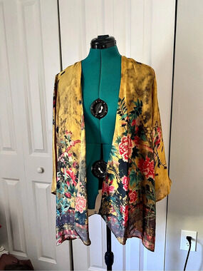 Floral Kimono Jacket Gold Multicolor Size Large Sheer Art to Wear Festival